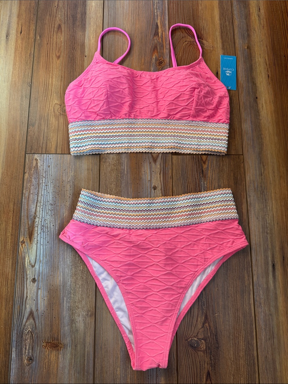 Cupshe Pink High-Waist Tank Bikini with Multicolor Zigzag Waistband